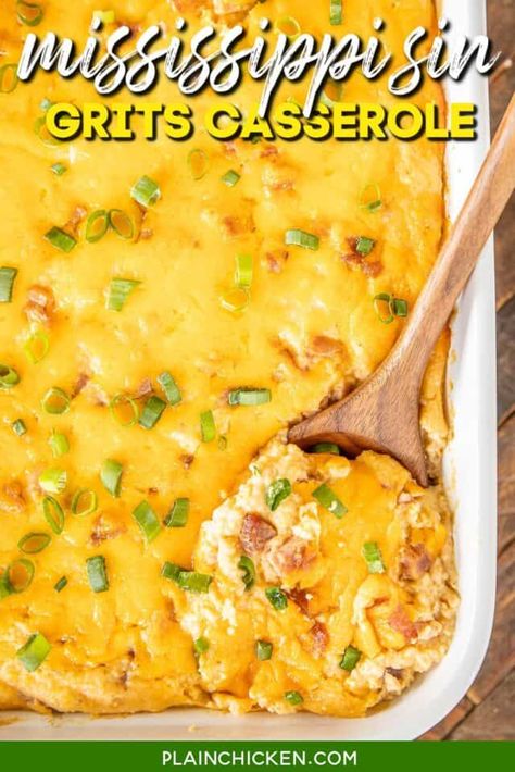 Mississippi Sin Grits Casserole - Plain Chicken Cheese Grits Casserole, Instant Grits, Grits Casserole, Easy Breakfast Casserole Recipes, Frito Pie, Cheesy Grits, Hashbrown Breakfast Casserole, Grits Recipe, Plain Chicken