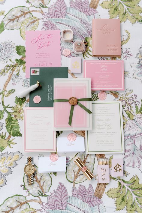 pink, green, and violet wedding stationary flat lay including vows, stamps, matches, lipstick, and a watch as the bride and groom accessories Dusty Pink Bridesmaids, William Aiken House Wedding, Pink Bridesmaids Dresses, Dusty Pink Bridesmaid Dresses, Pink Green Wedding, William Aiken House, Envelope Calligraphy, Pink Bridesmaids, English Garden Wedding