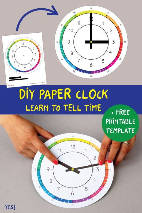 Wondering how to teach kids to tell time? With this colorful paper clock DIY! Print our simple clock template and make a paper clock at home! A fun learning activity to teach kids about time! #yeswemadethis #tellingtime #diypapercrafts #diypaper #learningactivities Learning Time Clock, Clock Learning, Printable Crafts For Kids, Printable Learning Activities, Party Activities For Kids, Clock Printable, Learning Activities For Toddlers, Paper Clock, Learning Clock