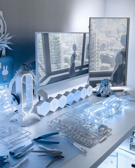 Futuristic Gaming Setup, Blue And White Setup, Ocean Gaming Setup, Blue And White Gaming Setup, Robotcore Aesthetic, Light Blue Gaming Setup, Cybercore Room, Hexagon Lights, Futuristic Room