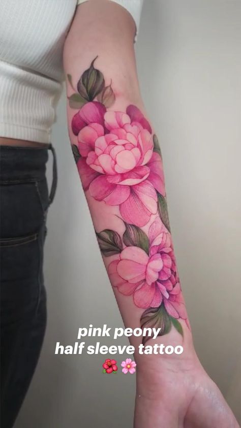 Pink Floral Tattoo, Pink Peony Tattoo, Floral Half Sleeve Tattoo, Pink Tattoo Ink, Best Feminine Tattoos, Pink Flower Tattoos, Peony Flower Tattoos, Pink Rose Tattoos, Pink Tattoo