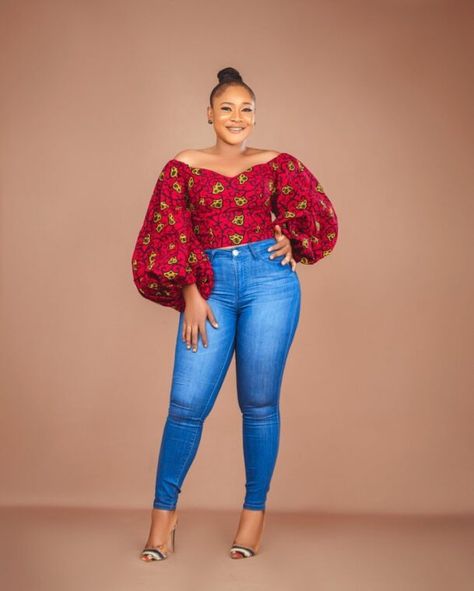 Ankara tops on jeans Ankara Tops With Jeans Latest Ankara Tops With Jeans, Ankara Knicker And Top Styles, Ogansia Top Styles, Simple Ankara Top Styles, Ankara Top Styles For Jeans, Ankara Tops For Ladies, Latest Ankara Top Styles, Ankara Tops With Jeans, Ankara Tops Blouses