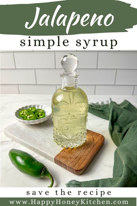 If you're looking for how to make simple syrup for drinks, try this jalapeno simple syrup recipe. Whip up this spicy simple syrup for cocktails and margaritas. This flavored simple syrup is quick and easy to make with fresh jalapenos. Jalapeno Syrup Cocktails, Jalapeno Simple Syrup Recipe, Jalapeno Syrup Recipes, Jalapeño Simple Syrup, Lemon Simple Syrup Cocktails, Simple Syrup Recipe For Coffee, Jalapeno Syrup, Agave Syrup Recipes, Syrup Recipe For Coffee