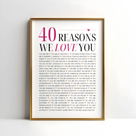 Printable poster for milestone birthday celebration - "40 Reasons We Love You." Personalized and heartfelt gift idea. 60th Birthday Gifts For Men, Printable Wall Poster, Reasons I Love You, Reasons Why I Love You, Budget Friendly Gift, Gifts For Uncle, 70th Birthday Gifts, Uncle Gifts, Personalized Gifts For Mom