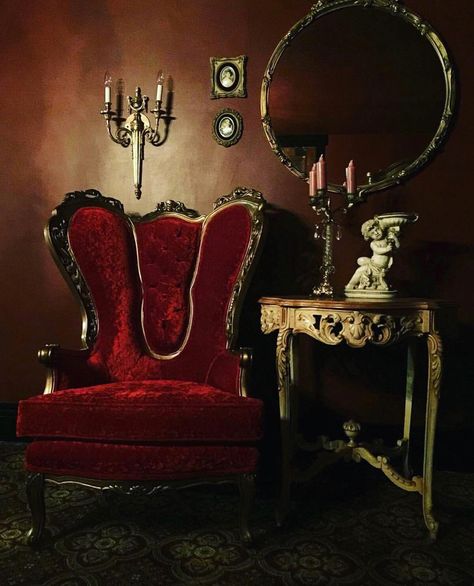 551 Likes, 3 Comments - Lair of the Vampire (@lairofthevampire) on Instagram: “I need this red velvet rococo chair in my life! #LairOfTheVampire #VampireLair #VampireCrypt…” Rococo Chair, Victorian Gothic Decor, Crimson Velvet, Red Velvet Chair, Gothic Interior, Gothic Furniture, Red Home Decor, Goth Home, Goth Decor