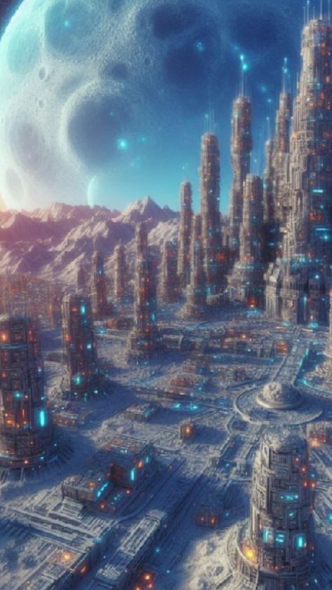 Moon City Fantasy Art, City On The Moon, City Fantasy Art, Elf City, Fantasy Cities, Moon City, Moon Elf, Alien Aesthetic, Fantasy Design