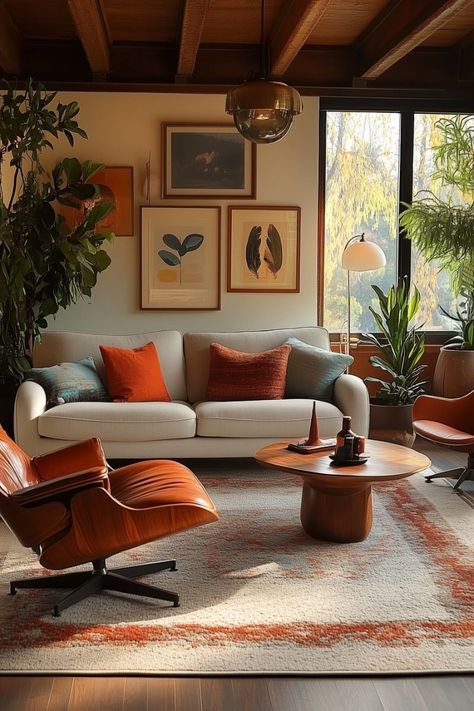 Family Room Design Mid Century Modern, Living Room Designs California, Mid Century And Scandinavian, Mid Century Bungalow Interior, Cozy Mid Century Home, Mid Century Grey Couch, Midcentury Contemporary Living Room, Modern Retro Decor Living Room, Eclectic Scandinavian Interior