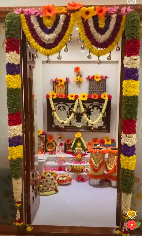 Pooja Room Decoration Ideas, Puja Design, Pooja Room Interior, Pooja Photos, Pooja Room Decoration, God Frame, Tulasi Plant, Door Flower Decoration, Hall Decoration Ideas