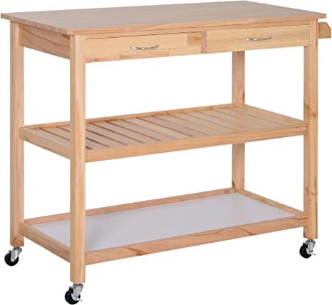 (paid link) HOMCOM 42" Kitchen Trolley Cart Rolling Island Utility Serving Cart with 2 Drawers and 3-Tier Shelf Pine Wood Workbench With Storage, Rolling Island, Kitchen Trolley Cart, Kitchen Carts On Wheels, Microwave Cart, Rolling Kitchen Cart, Kitchen Island On Wheels, Slatted Shelves, Rolling Kitchen Island