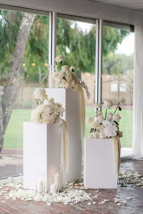 White Plinth, Wedding Pillars, Modern Wedding Ceremony, Minimalist Wedding Decor, Aisle Flowers, Wedding Reception Flowers, All White Wedding, Church Flowers, You're Invited