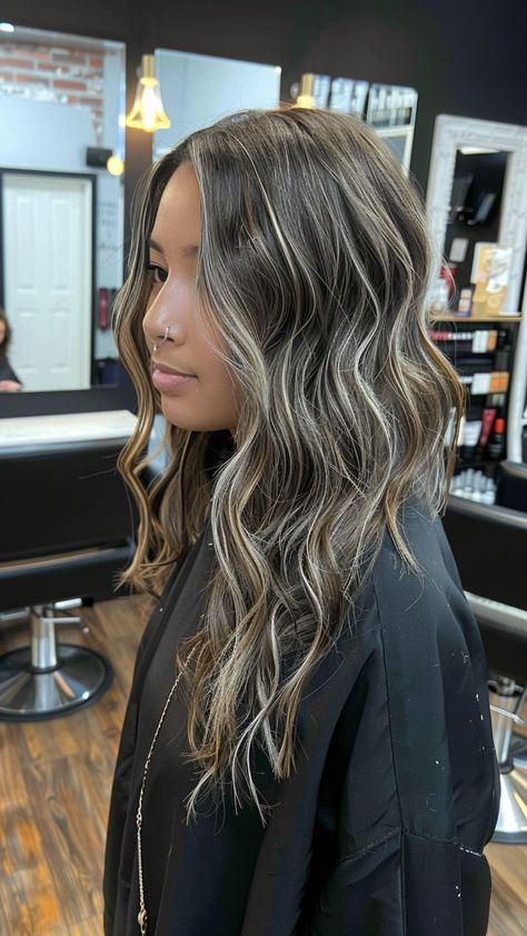 Dark Hair With Ash Highlights, Black Hair With Ash Blonde Highlights, Ash Blonde Balayage On Black Hair, Blonde Highlights Black Hair, Blond Highlights On Black Hair, Highlight Ideas For Black Hair, Black Hair With Ash Highlights, Black Hair Blonde Highlights, Blonde Highlights On Black Hair