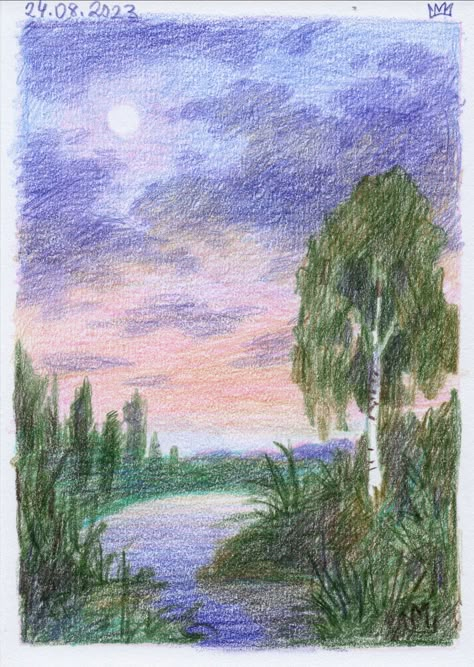 Artist: marjaz Sketch, sketchbook, coloured pencils, landscape Colored Pencil Mountain Landscape, Colored Pencil Art Landscape, Pencil Crayon Landscape, Colored Pencil Drawing Landscape, Color Pencil Sunset, Color Pencil Landscape, Aesthetic Watercolor Art Ideas, Crayon Landscape, Easy Colored Pencil Drawing