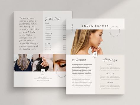 This modern, minimal beauty flyer template for Canva will quickly help you quickly put together a flyer for any beauty, spa, or massage business. It's an easy-to-use, simple and elegant design. YOU WILL RECEIVE: * Double sided flyer template * Canva file * US Letter size  * Photos not included in template but can downloaded for free at Unsplash.com (or changed for your own) THESE TEMPLATES ARE: * Easy to use * Mac & PC Compatible * 100% Customizable: all text, fonts, colors, add/delete/rename/move sections * Yours to use forever! CANVA -- HOW IT WORKS: 1. PURCHASE the listing on Etsy. 2. DOWNLOAD the Canva.zip file and open the PDF to find a link to your template. 3. CREATE a free Canva account at www.canva.com! (This is very fast and easy!). 4. EDIT your template! Add your own branding, t Flyer Design Beauty Salon, Beauty Services Flyer, Beauty Flyer Design Inspiration, Skincare Flyer Design, Salon Poster Design, Spa Menu Design, Spa Flyer Design, Minimal Flyer Design, Beauty Flyer Design