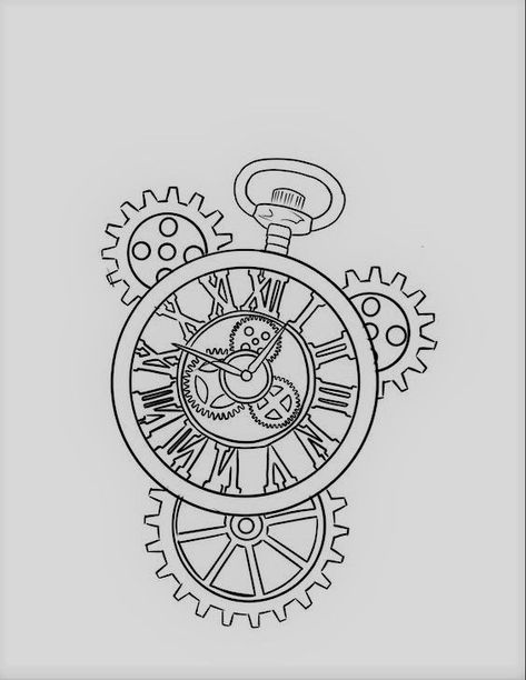 Clock Cogs Drawing, Cogs Tattoo Design, Steam Punk Clock Tattoo, Clock Gears Drawing, Time Drawing Clock, Pocket Watch Outline, Cogs Drawing, Steampunk Clock Tattoo, Gears Tattoo Design