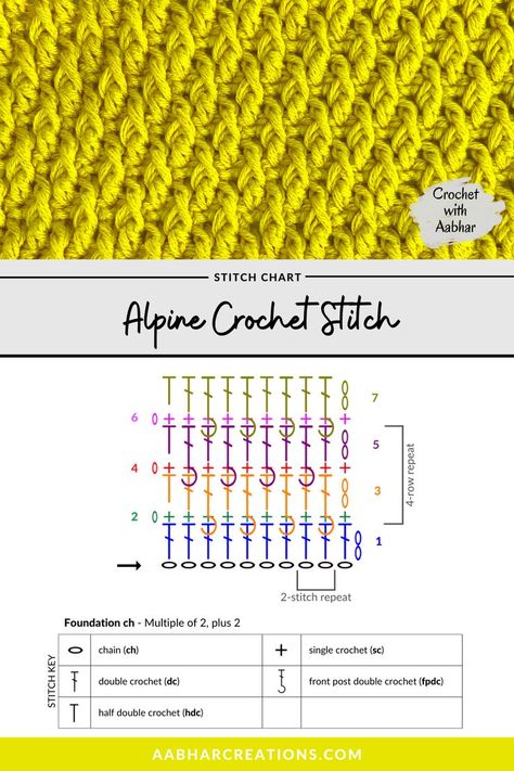 alpine crochet stitch tutorial, free pattern, and free printable crochet stitch chart from aabharcreations Alpine Crochet Stitch, Crochet Stitch Pattern, Alpine Stitch, Crochet Stitches Chart, Crochet Classes, Crochet Stitches Diagram, Crochet Stitches Free, Crochet Blanket Designs, Mode Crochet