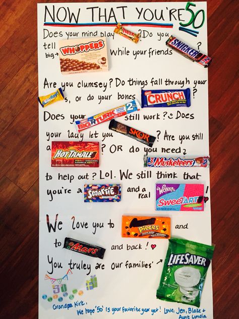 50th birthday candy card for my wonderful father in law. It's a little sentimental & a little silly but overall is cute. We used Canadian chocolate bars  & candy to come up with the story. Here's hoping its a hit! :) JAK Candy Bar Poems, Candy Bar Cards, Candy Poems, Candy Birthday Cards, Candy Bar Poster, Homemade Birthday Gifts, Candy Card, Candy Bar Posters, Candy Bar Birthday