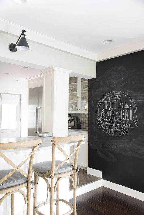 Adding a kitchen accent wall to your home is the perfect way to spice up the space without blowing your budget. Read our latest blog to find the latest trending kitchen accent wall ideas & photos! From paint colors, wood types, tile, and shiplap, we're covering every material that's hit the market. | Lily Ann Blogs Chalkboard In Kitchen, Kitchen Chalkboard Wall, Chalkboard Wall Kitchen, Kitchen Inspiration Board, Chalkboard Walls, Accent Wall In Kitchen, Kitchen Chalkboard, Chalk Wall, Chalkboard Lettering