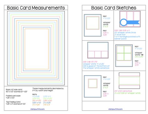 This chart shows a progression of mat sizes for a standard invitation sized card as well as some basic sketches for some simple cards. Standard Card Sizes Free Printable, Card Mat Sizes, Card Sizes Chart, Card Layouts Templates With Measurements, Basic Sketches, Card Sketches With Measurements, Slimline Card Ideas, Standard Card Sizes, Creative Card Ideas