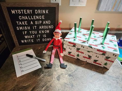 Weekend Elf On The Shelf, Elf On The Shelf Drink Challenge, Elf On The Shelf Restaurant Ideas, Silly String Elf On The Shelf, Mystery Drink Challenge Elf, Sleepover Elf On The Shelf, Elf On Shelf Game Ideas, Elf On The Shelf Mystery Drink Challenge, Elf On The Shelf Solo Cups