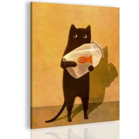 1pc Wood Frame Wall Art Vintage Style Aesthetic Painting Home Decoration For Living Room Bedroom Office Kitchen Restaurant Bar Wall Decor Wood Frame Painting Black Cat Canvas Wall Art Trendy Painting Hobbyist Gift Room Aesthetic | Shop On Temu And start Saving | Temu White Cat Painting, Animal Wall Painting, Canvas Wood Frame, Cat Wall Art, Cat Posters, Aesthetic Painting, Cat Decor, Frames For Canvas Paintings, Fish Art