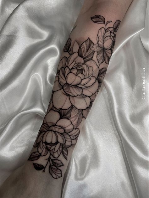 Peonies Tattoo Arm, Blackwork Peony Tattoo, Fore Arm Tattoos Women, Floral Arm Sleeve Tattoo, Large Flower Tattoo, Flower Arm Sleeve Tattoo, Floral Half Sleeve Tattoo, Floral Sleeve Tattoo, Arm Cover Up Tattoos