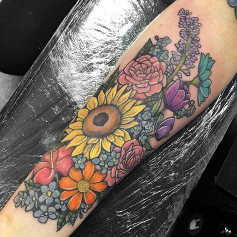 Colorful Flower Forearm Tattoo, Floral Forearm Tattoo Women Color, Colour Floral Tattoo, Bold Flower Tattoo, Color Flower Tattoos For Women, Big Flower Tattoos, Color Flower Tattoo, Bright Flower Tattoos, Forearm Name Tattoos