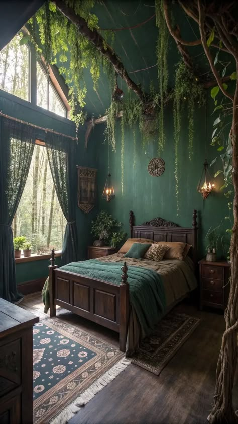 Boho Witchy Bedroom Fairy Cottage Aesthetic Room, Forest Core Decor, Forest Goth Bedroom, Forest Witch Decor Aesthetic, Forest Inspired Home Decor, Earthy Victorian Bedroom, Wooden Aesthetic Bedroom, Victorian Room Ideas Bedrooms, Witchy Cottagecore Home Decor