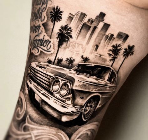 Lowrider Tattoo Designs, Chevy Tattoo Ideas, La Tattoo Design, Impala Tattoo, Chevy Tattoo, Alex Tattoo, Building Tattoo, Lowrider Tattoo, Scene Tattoo