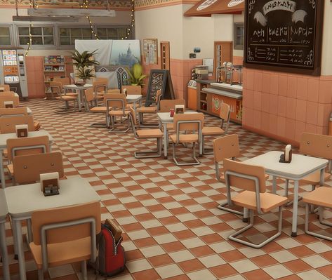 gladly Sims 4 High School Cafeteria, Sims 4 Classroom, Sims4 Build, The Sims 4 Lots, Sims 4 Challenges, University Dorms, Sims Builds, Sims 4 House Plans, Sims 4 House Building