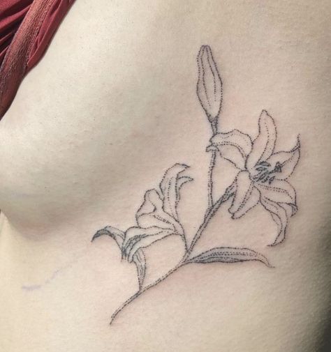 Lily Tattoo Stomach, Arm Tattoo Flower Sleeve, Lily Rib Tattoo, Hipbone Tattoo, Flower Sternum Tattoo, Tattoos On Side Ribs, Places To Get Tattoos, Lily Flower Tattoos, Tattoo Apprenticeship