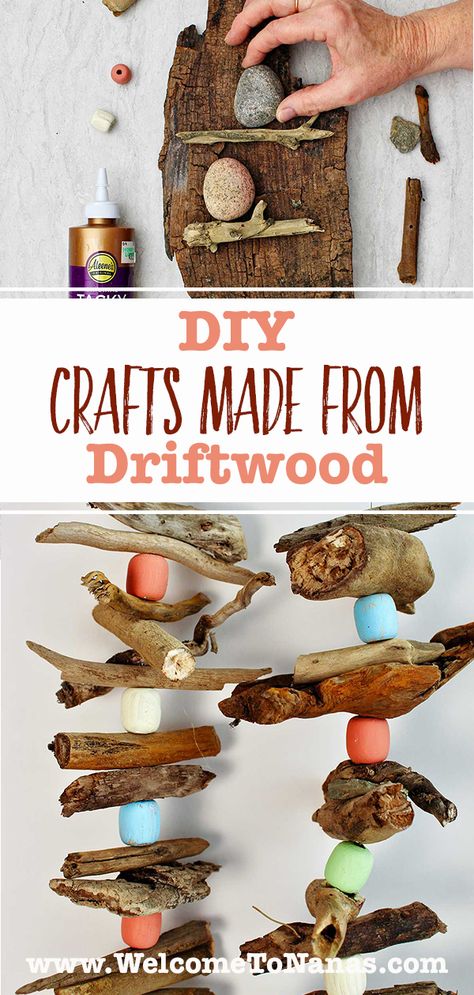 DIY Crafts Made from Driftwood are the perfect end to summer days on the beach. Use collected driftwood in fun beachy ideas for decor. #WelcometoNanas #CraftswithDriftwood #DIYDriftwoodCrafts #DriftwoodWallArt Driftwood And Rocks Ideas, Drift Wood Ideas Diy Projects, Crafts With Sticks And Twigs, Driftwood Projects Unique, Driftwood And Clay, Driftwood Christmas Decorations, Driftwood Garland, Cute Projects, Driftwood Art Sculpture