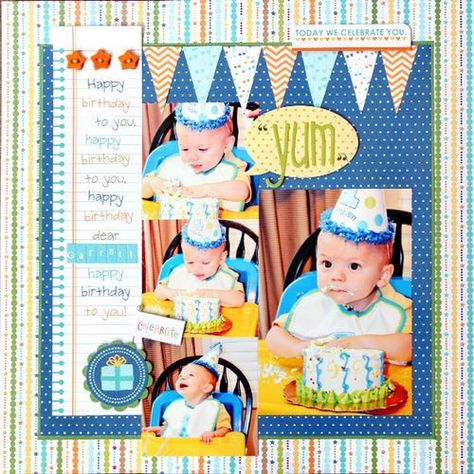 scrapbook page ideas for 1st birthday party | Found on christineousley.typepad.com Birthday Scrapbook Ideas, Birthday Scrapbook Layouts, Birthday Scrapbook Pages, Scrapbook Birthday, Baby Scrapbook Layouts, Baby Scrapbook Ideas, Scrapbook Party, Boy Scrapbook Layouts, Baby Scrapbook Pages