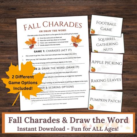 Get ready to make fun memories with friends and family with this Fall Charades Printable Game! It is the perfect addition to your Fall party or Family Game Night and will have everyone laughing, guessing and creating unforgettable memories. What's Included: *32 fall-themed game cards  *8 blank game cards for you to customize *Clear and simple instructions  *Entertainment for all ages  *Instant download - print and play right away (as soon as payment is confirmed) Why you will love this Fall Charades Printable Party Game: *Easy to play and suitable for kids, teens and adults *Easy setup and hassle free - Just print, cut and play! No special materials or equipment           needed. (Note, you may need a pen, paper and a timer.) *Charming fall-themed game cards  *Instant access - no waiting f Family Game Night Games, Game Night Games, Fall Potluck, Charades For Kids, Grandparents Day Cards, Fall Party Games, Charades Cards, Charades Game, Fun Halloween Games