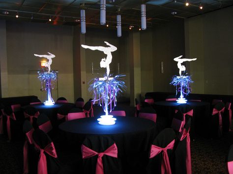 Custom themed centerpieces with LED light bases at the Crown Plaza North Shore by The Prop Factory Sports Banquet Centerpieces, Bat Mitzvah Centerpieces, Sports Party Centerpieces, Mitzvah Centerpieces, Crown Centerpiece, Themed Centerpieces, Banquet Centerpieces, Cheer Banquet, Sports Themed Wedding