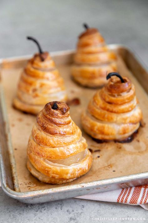 Poached Pear Puff Pastry - The Little Epicurean Pear Puff Pastry, Salmon In Puff Pastry, Pear Dessert, Dinner Party Desserts, Poached Pears, Pear Recipes, Pastry Crust, Turkey Recipe, Chops Recipe