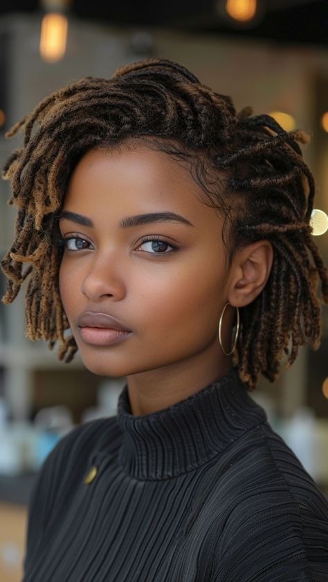 Faux Loc Bob Style Crochet, Dreadlocks Bob Hairstyles, Short Bob Hairstyles For Round Faces, Short Crochet Locs, Cool Mom Hair, Bob Faux Locs, African Women Hairstyles, Short Hair Locs, Bob Locs