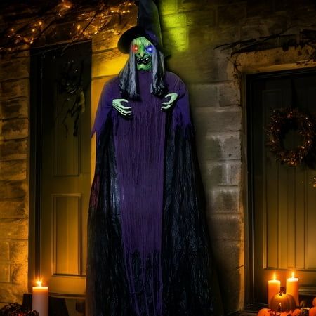 Introductions: Make your Halloween unforgettable with our UBesGoo 12ft Witch Animated Halloween Decoration Witch. Perfect for creating a spooky atmosphere in your yard or garden, this eye-catching decoration features built-in LED lights that make it glow eerily at night. Quick to set and easy to store, it's the ultimate addition to your Halloween festivities, sure to captivate guests, friends, and neighbors alike. Features: 1.Get ready to send shivers down spines with our 12ft Witch Animated Hal Animated Halloween Decorations, Animated Witch, Animated Halloween, Hanging Witch, Halloween Witch Decorations, Haunted House Props, Blair Witch, Decorative Garden Stakes, Family Decor