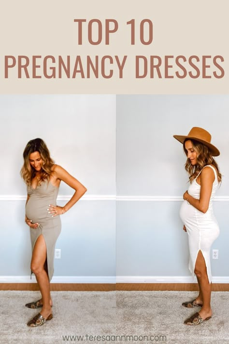 Ten casual pregnancy dresses that are perfect for any body type and all trimesters. All of these maternity dresses are budget friendly and super comfortable. The complete guide to these cute pregnancy dresses also has links to all the beautiful dresses! Maternity Dress Outfits Casual, Dressing The Bump First Trimester, Pregnancy Casual Outfits Summer, Casual Baby Shower Dress For Mom, Style The Bump Summer, Maternity Outfits 2023 Summer, Dresses While Pregnant, Flattering Outfits For Pregnant Women, Body Con Maternity Dress