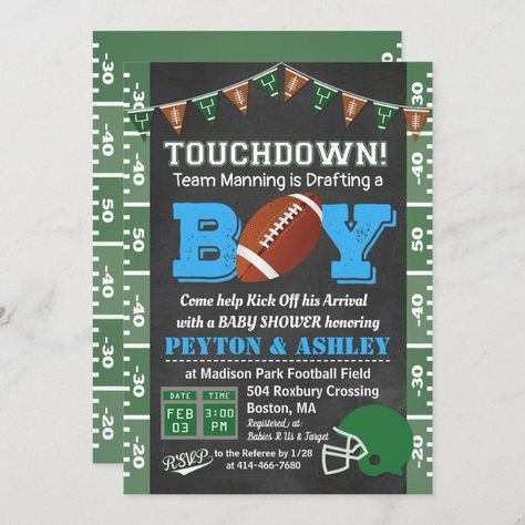 Football Baby Shower Chalkboard Invitation - Socer Football Baby Shower Theme, Football Birthday Party Invitations, Football Baby Shower Invitations, Baby Shower Chalkboard, Birthday Football, Football Baby Shower, Sports Baby Shower, Twins Baby Shower Invitations, Cowboy Baby Shower