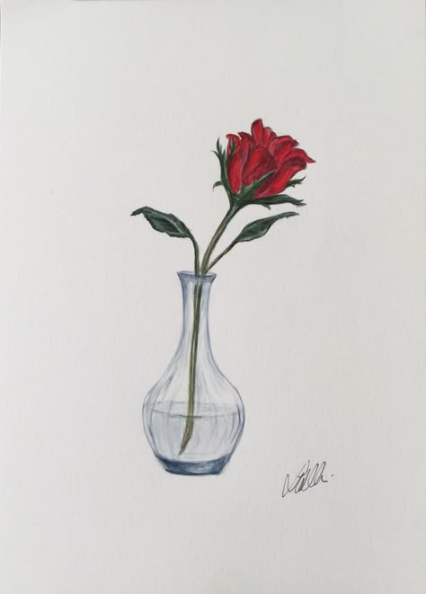 Rose In Vase Painting, Rose In Glass Drawing, Red Rose Drawing Sketch, How To Draw A Vase With Flowers, Flowers In Vases Drawing, Roses In A Vase Drawing, Vase Drawing With Flowers, Vase Of Roses Drawing, Rose In Vase Tattoo