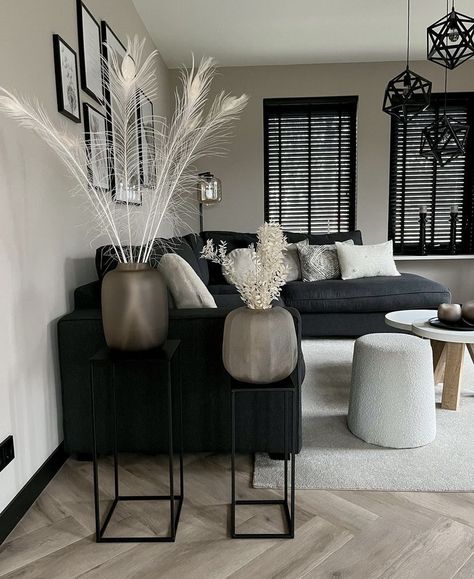 Dark Sofa Living Room, Black Sofa Living Room Decor, Black Couch Living Room, Dark Grey Couch Living Room, Black Sofa Living Room, Large Vases, Grey Sofa Living Room, Black Living Room Decor, Living Room Decor Neutral