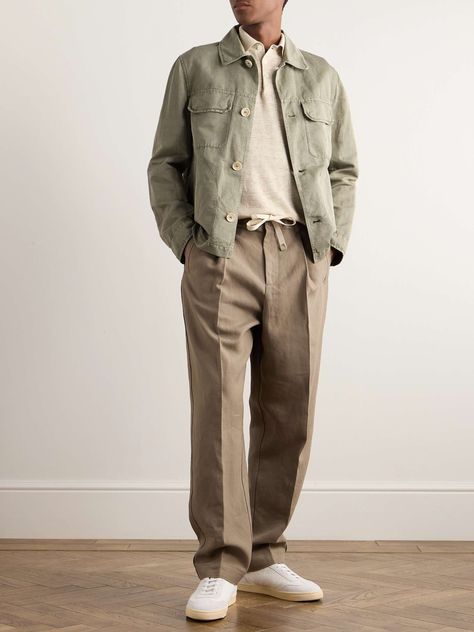 BRUNELLO CUCINELLI Linen and Cotton-Blend Gabardine Overshirt for Men | MR PORTER Outdoor Wedding Outfit, Olive Outfit, Chic Smart Casual, Manly Fashion, Guys Fashion Casual, Joseph Fashion, Masc Fashion, Smart Casual Menswear, Mens Business Casual