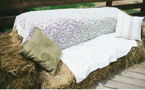 L-A-C-E Covered Hay Bale Couch for guests to sit---Absolutely Chic for a Rustic Chic inspiration for a country, cowgirl or barn wedding!!  Guest Couch Seat using Hay Bales!!---for Barn, Country or Cowgirl Wedding Inspiration!! Love this!! www.MadamPaloozaEmporium.com www.facebook.com/MadamPalooza Haybale Couch, Hay Couch, Gals Night, Hay Bale Wedding, Hay Bale Seating, Couch Lounge, Diy Seating, Cowgirl Wedding, Barn Dance