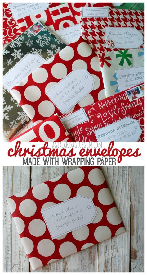 DIY Christmas Envelopes Using Wrapping Paper. Make your own festive, holiday envelopes using wrapping paper, an X-ACTO knife, and an Elmer's Glue Stick. Christmas Card Envelopes, Holiday Envelopes, How To Make An Envelope, Christmas Envelopes, Diy Envelope, Christmas Hacks, Mason Jar Crafts Diy, Diy Simple, Gift Envelope