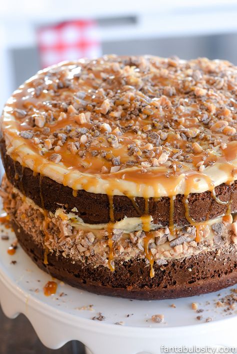 O-M-G!! This sounds crazy-good! Chocolate Peanut Butter Toffee Salted Caramel Cake Chocolate Caramel Toffee Cake, Caramel Toffee Cake, Salted Caramel Toffee, Peanut Butter Toffee, Twix Cake, Delicious Cookies Homemade, Chocolate Caramel Cookies, Chocolate Caramel Cake, Salted Caramels