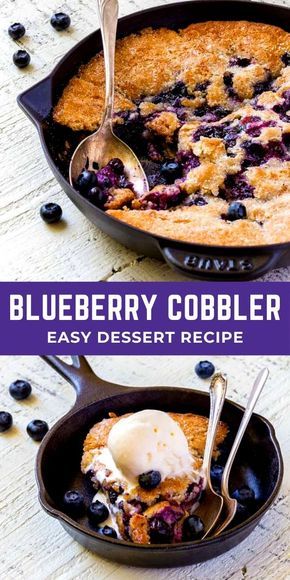 Blueberry Cobbler For 2, Blueberry Cast Iron Skillet Recipes, Skillet Berry Cobbler, Cast Iron Berry Cobbler, Desserts In Cast Iron Skillet, Skillet Blueberry Cobbler, Easy Skillet Desserts, Blueberry Cobbler Cast Iron Skillet, Cast Iron Dump Cake Recipes