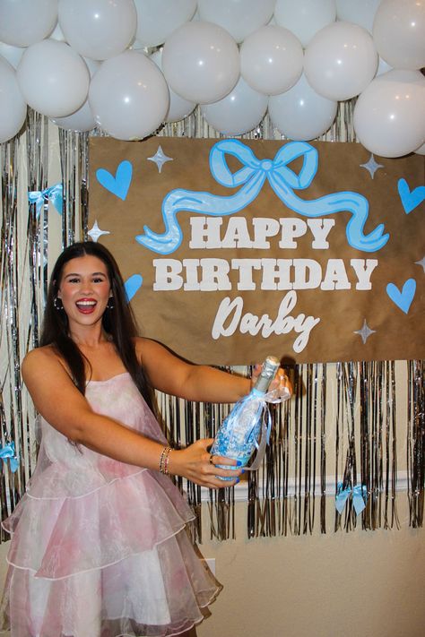 #bday #bows #21stbirthday #aesthetic #blue #coquette #party Blue Themed 18th Birthday Party, Blue Birthday Decorations Aesthetic, 18th Birthday Poster Ideas, Blue Bow Birthday Party, Simple Bday Party Ideas, Birthday Party Outside Ideas, Blue Coquette Birthday Party, 19th Birthday Banner, Blue 21st Birthday Ideas