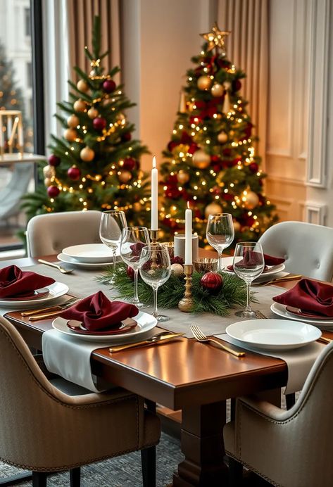 Complement your burgundy Christmas tree with an elegantly set dining table. Get inspiration for a stylish and festive holiday meal setup. #HolidayDining #BurgundyChristmasTree #TableSetting Burgundy Christmas Tree, Maroon Christmas, Gold Dining Table, Christmas Hosting, Set Dining Table, Burgundy Christmas, Dining Table Gold, Gold Dining, Christmas Dining Table