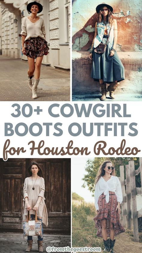 Outfit Ideas With Cowgirl Boots, Rodeo Outfits Winter, Cowgirl Boot Outfits, Rodeo Outfit Ideas, Houston Rodeo Outfit, Rodeo Attire, Short Cowboy Boots Outfit, Red Cowboy Boots Outfit, Cowboy Boots Women Outfits