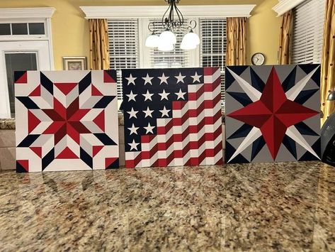 Barn Quilt Addicts | I finally finished this set of patriotic barn quilts that will soon be hung on a vertical stand outside | Facebook Patriotic Barn Quilts, Patriotic Quilts, How To Finish A Quilt, Barn Quilt, Barn Quilts, The Flag, Farm Life, Fourth Of July, Flag